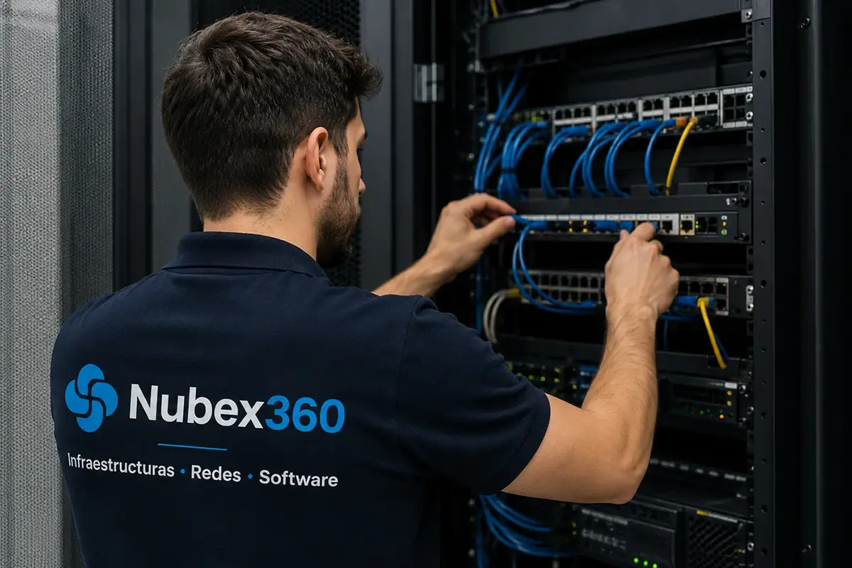Técnico de Nubex360 instalando redes y cableado estructurado